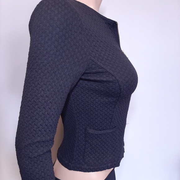 LA FEE MARABOUTEE Cropped Zip Front Blazer Jacket Fitted Collarless Textured - Picture 9 of 16